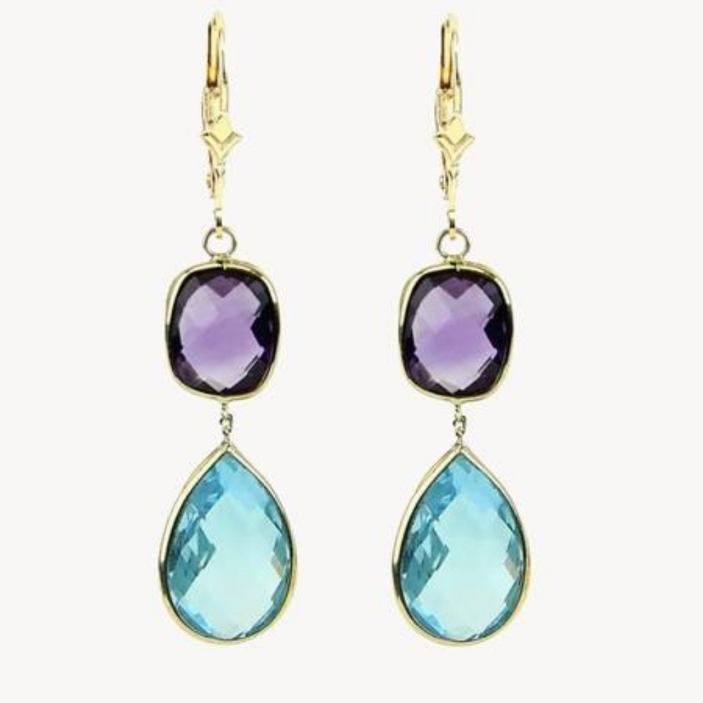 14k Gold Large Amethyst & Blue Topaz Dangle Drop Earrings